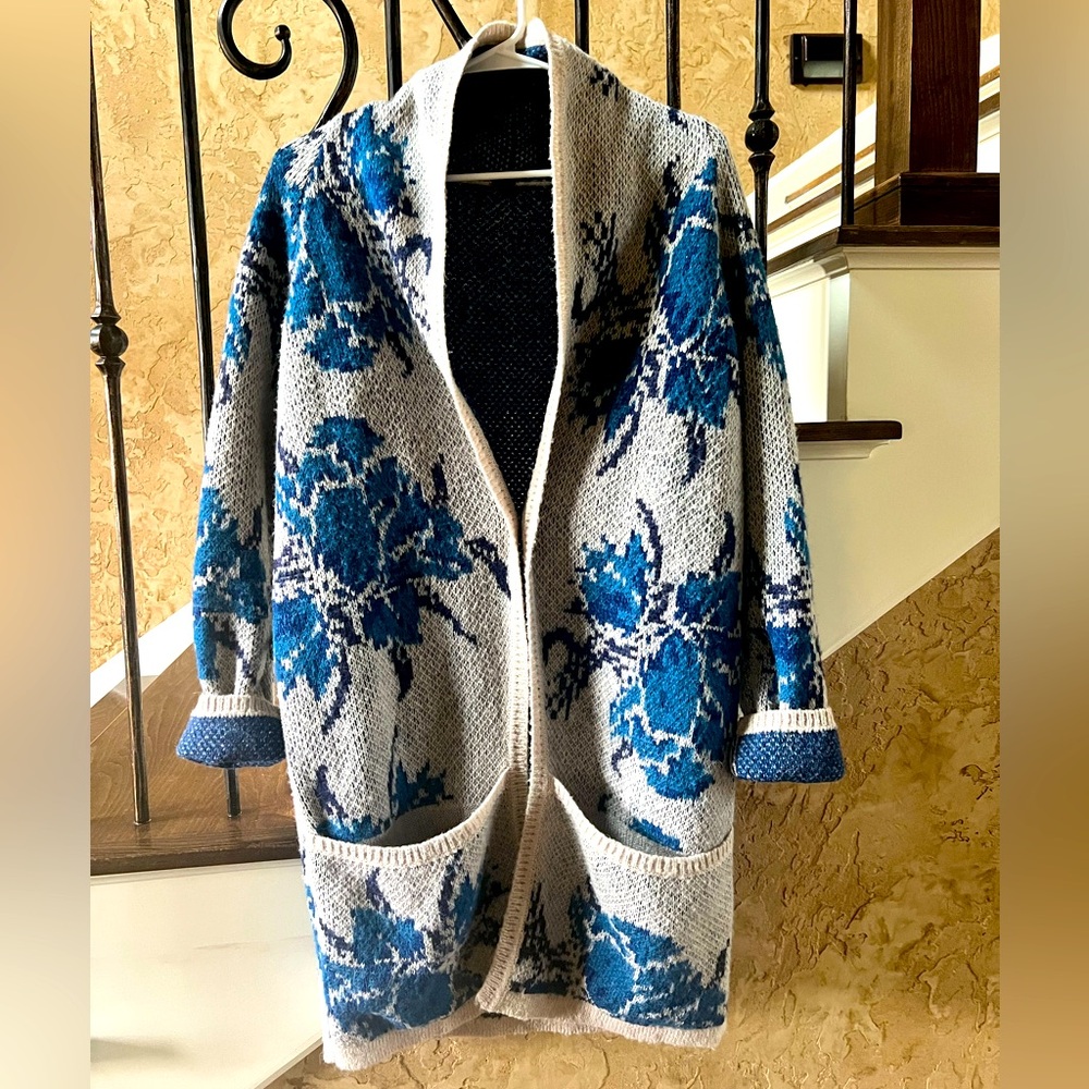 Free People Blue and Gray Floral Cardigan